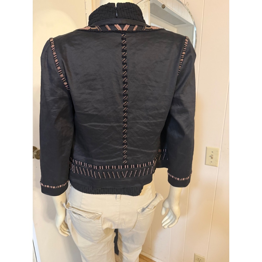 DKNY Womens Black Beaded Open Front Cropped Jacket Size 4 Pink Gold Accents - Picture 9 of 12